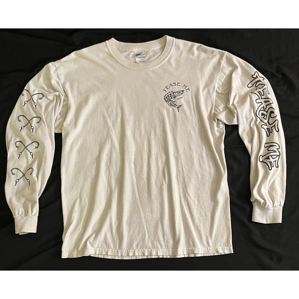 Vintage Tease Me Graphic Long Sleeve Fishing Shirt White Size L Wahoo Marlin